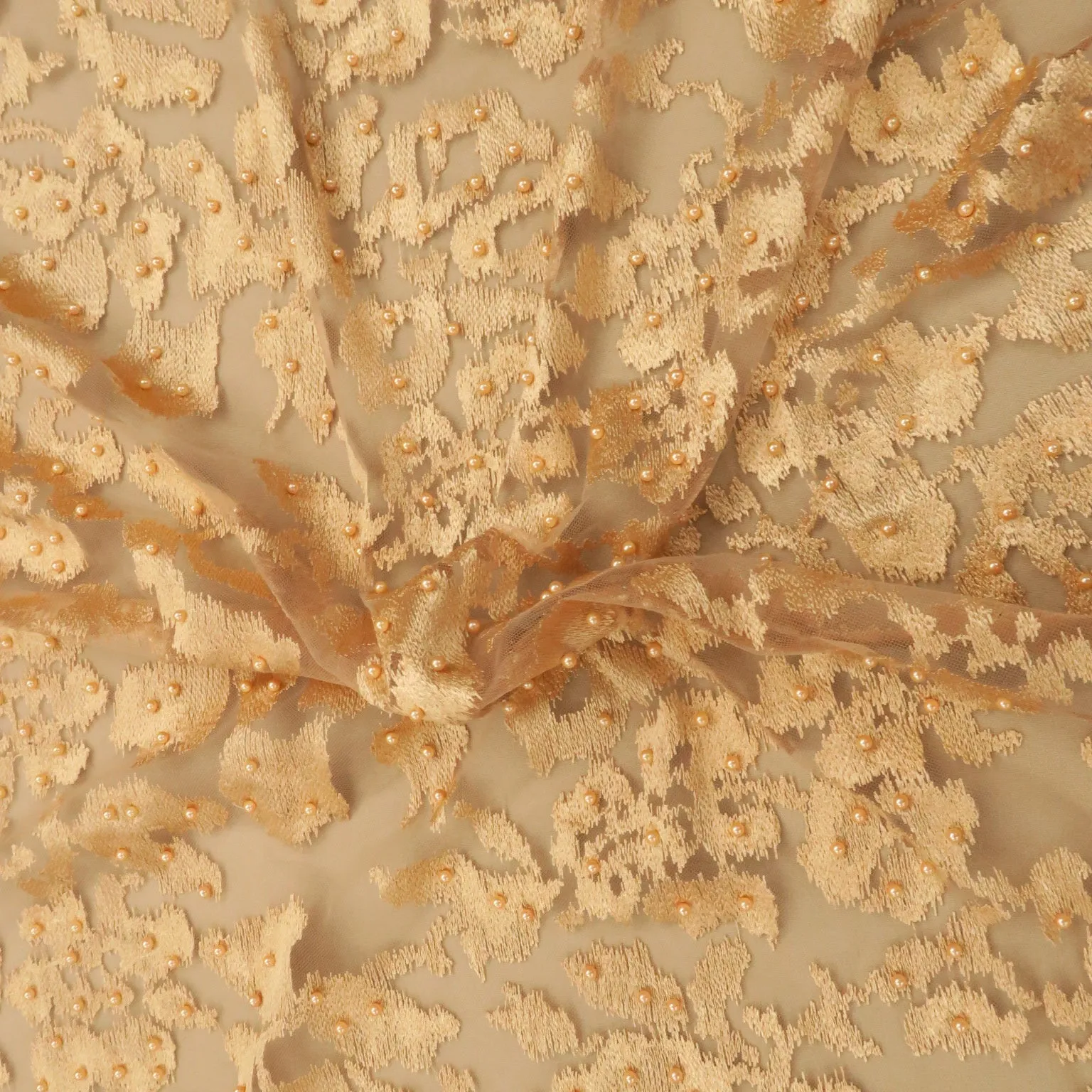Gold Tulle with Gold Pearls Abstract Embroidery Fabric