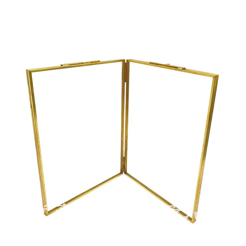 Golden Picture Frame Metal Glass Geometric Ornament Plant Sample Clip for Pressed Flowers Photo 2 Pictures for Decoration for Living Room