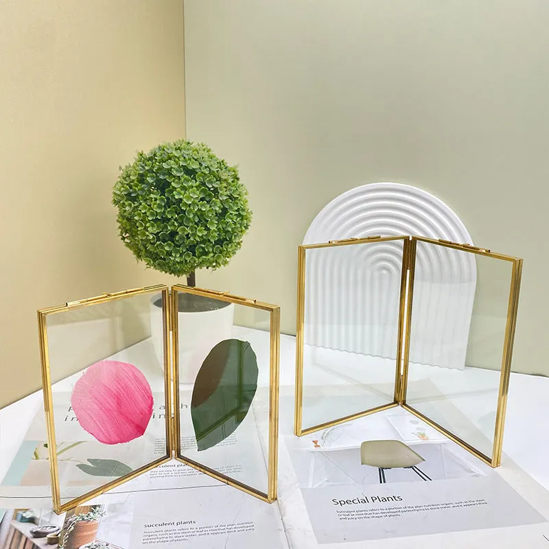 Golden Picture Frame Metal Glass Geometric Ornament Plant Sample Clip for Pressed Flowers Photo 2 Pictures for Decoration for Living Room