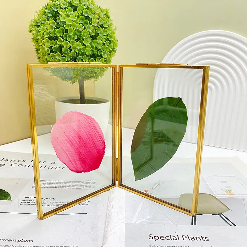 Golden Picture Frame Metal Glass Geometric Ornament Plant Sample Clip for Pressed Flowers Photo 2 Pictures for Decoration for Living Room