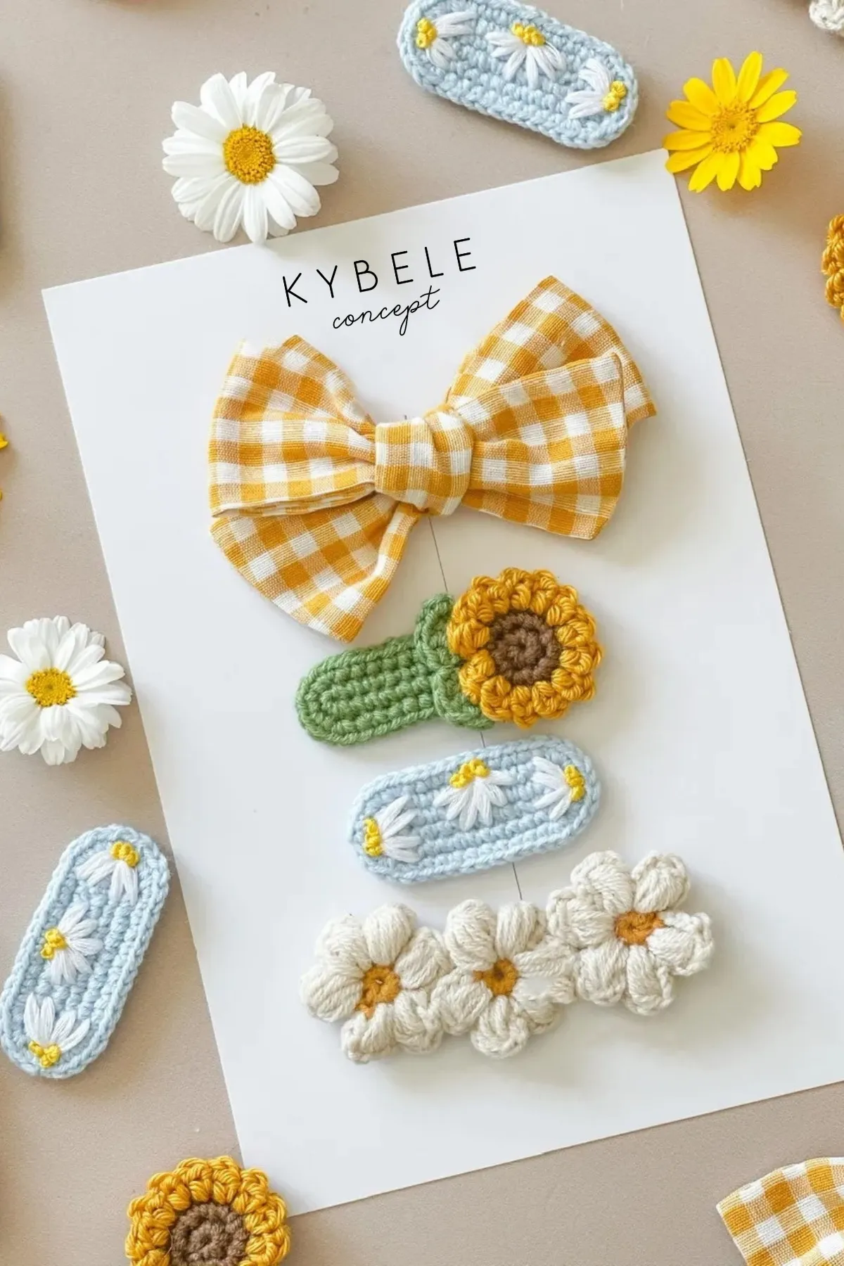 Handmade Yellow Gingham and Sunflower Hair Clip Set of 4