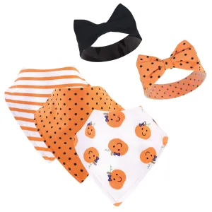 Hudson Baby Cotton Bib and Headband or Caps Set, Girl Pumpkin