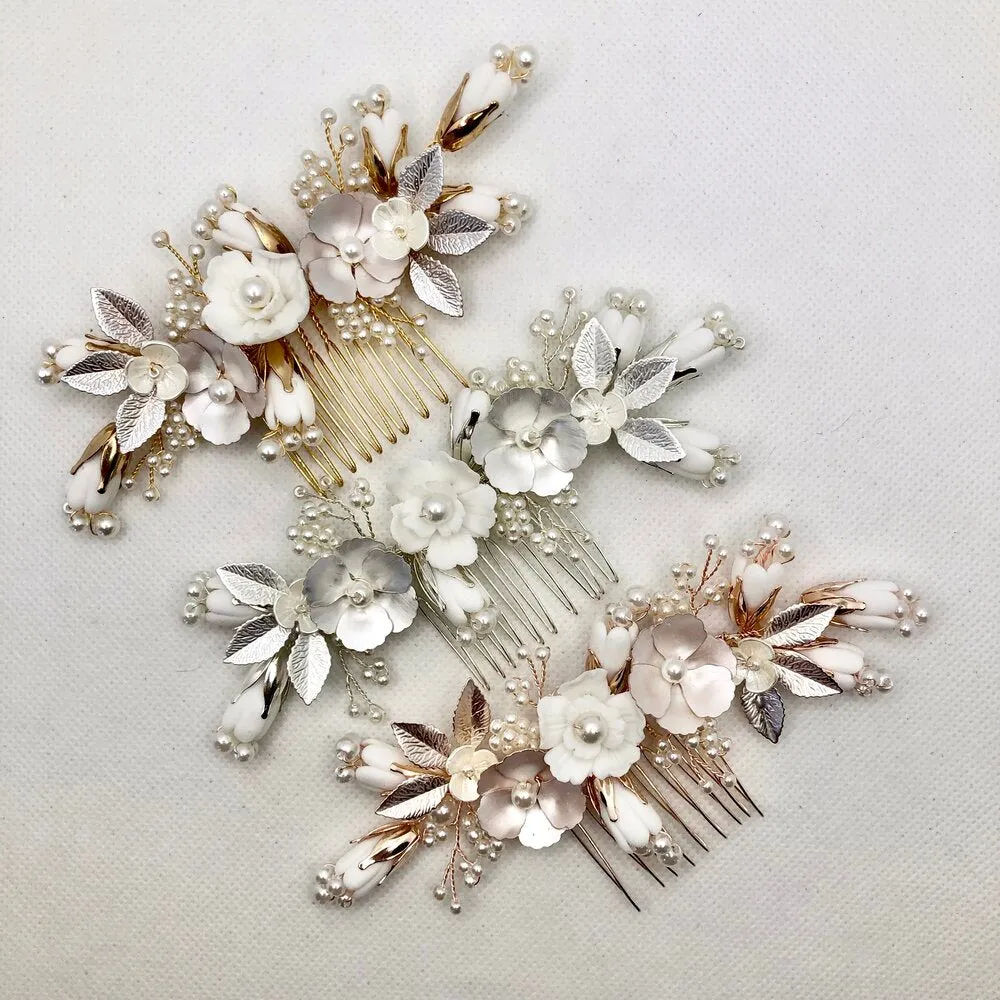 Judith - Pearl and Ceramic Flowers Bridal Hair Comb - Available in Silver, Gold and Rose Gold