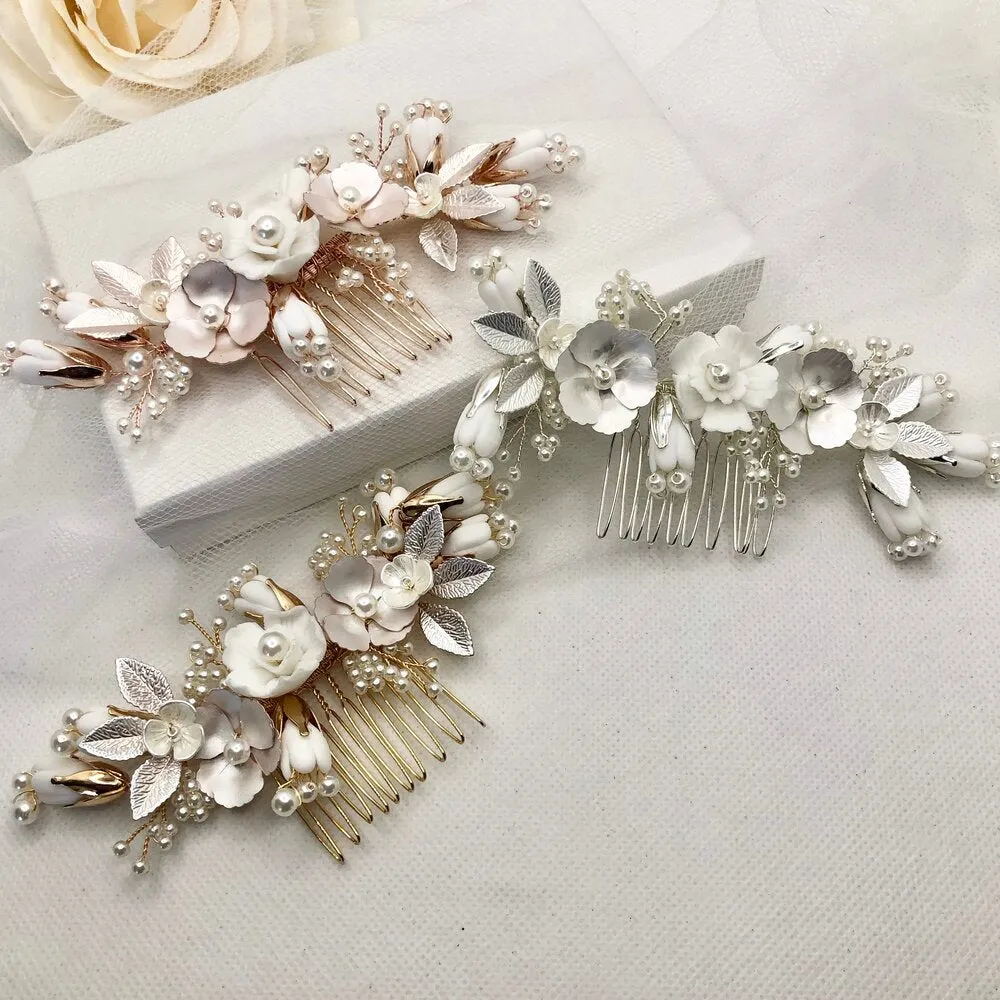 Judith - Pearl and Ceramic Flowers Bridal Hair Comb - Available in Silver, Gold and Rose Gold