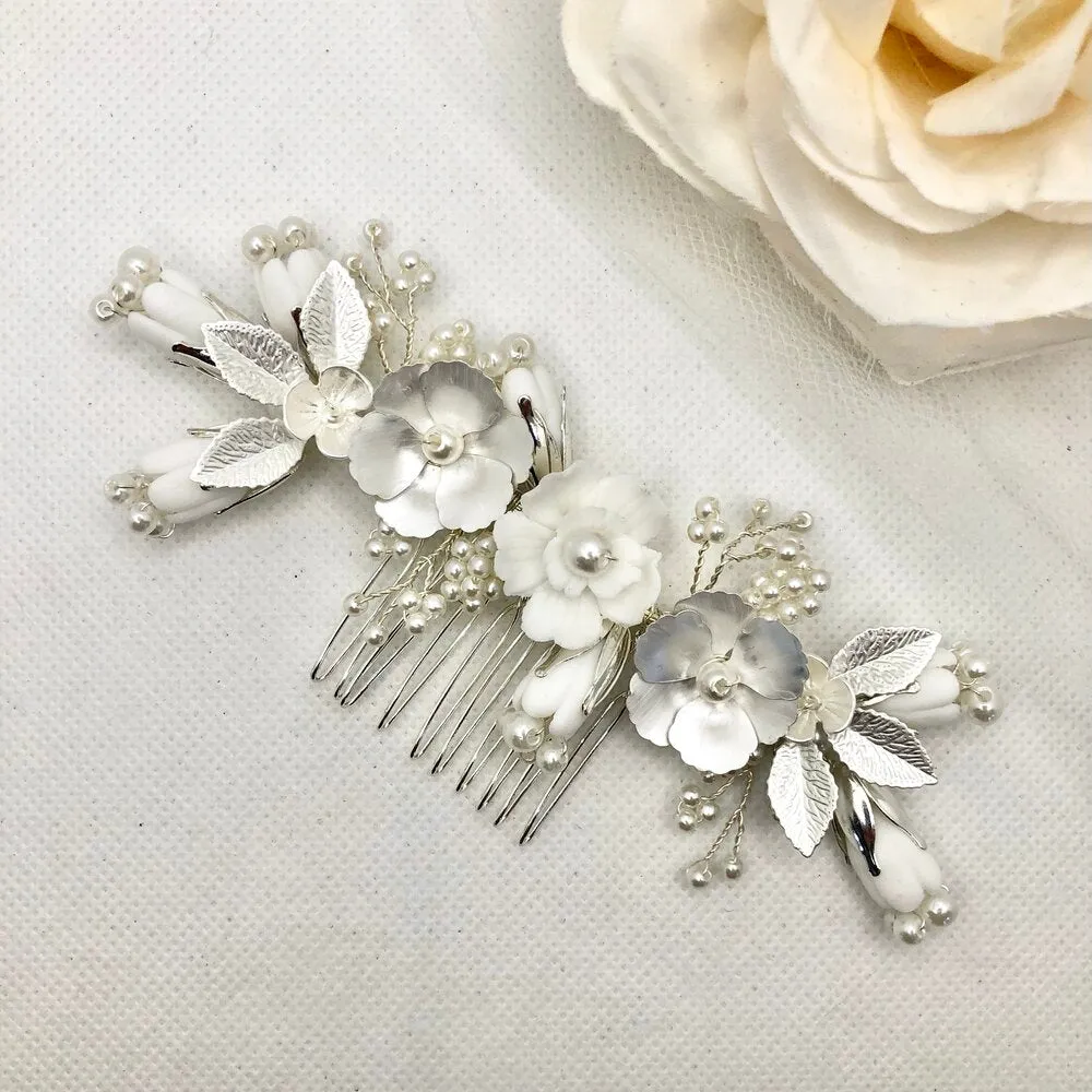 Judith - Pearl and Ceramic Flowers Bridal Hair Comb - Available in Silver, Gold and Rose Gold