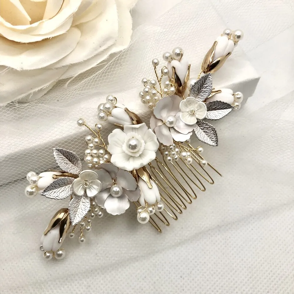 Judith - Pearl and Ceramic Flowers Bridal Hair Comb - Available in Silver, Gold and Rose Gold