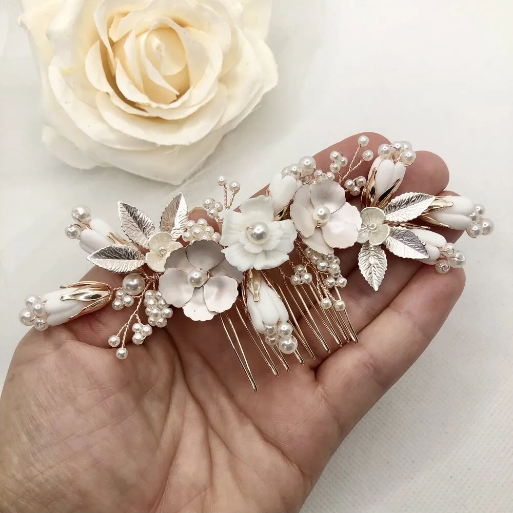 Judith - Pearl and Ceramic Flowers Bridal Hair Comb - Available in Silver, Gold and Rose Gold