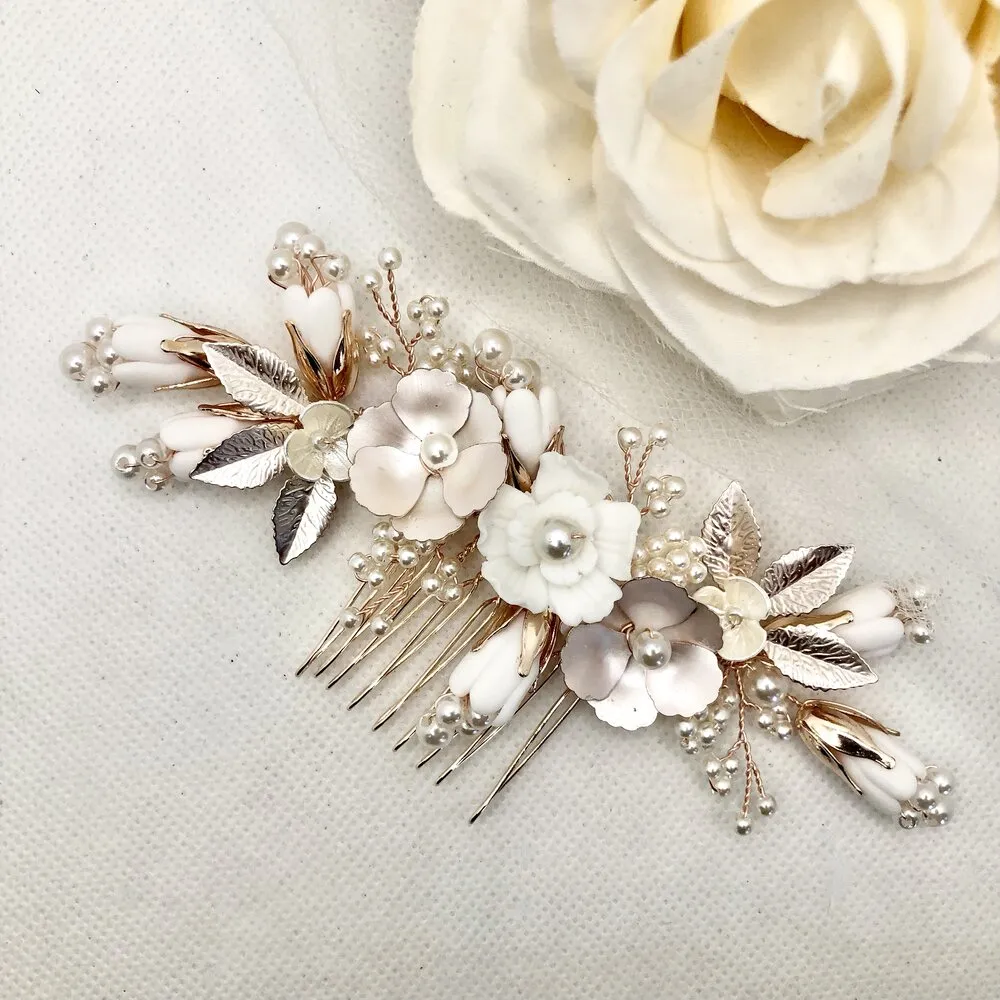 Judith - Pearl and Ceramic Flowers Bridal Hair Comb - Available in Silver, Gold and Rose Gold