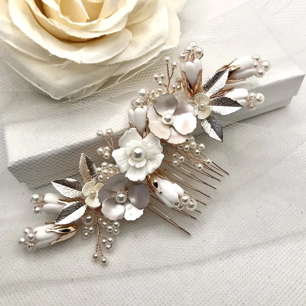 Judith - Pearl and Ceramic Flowers Bridal Hair Comb - Available in Silver, Gold and Rose Gold