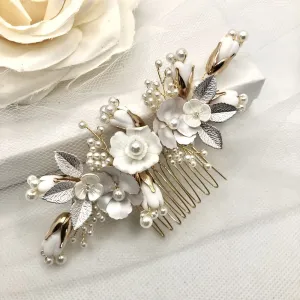 Judith - Pearl and Ceramic Flowers Bridal Hair Comb - Available in Silver, Gold and Rose Gold