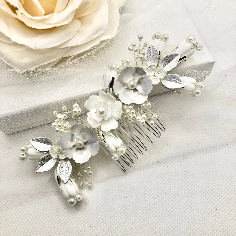 Judith - Pearl and Ceramic Flowers Bridal Hair Comb - Available in Silver, Gold and Rose Gold