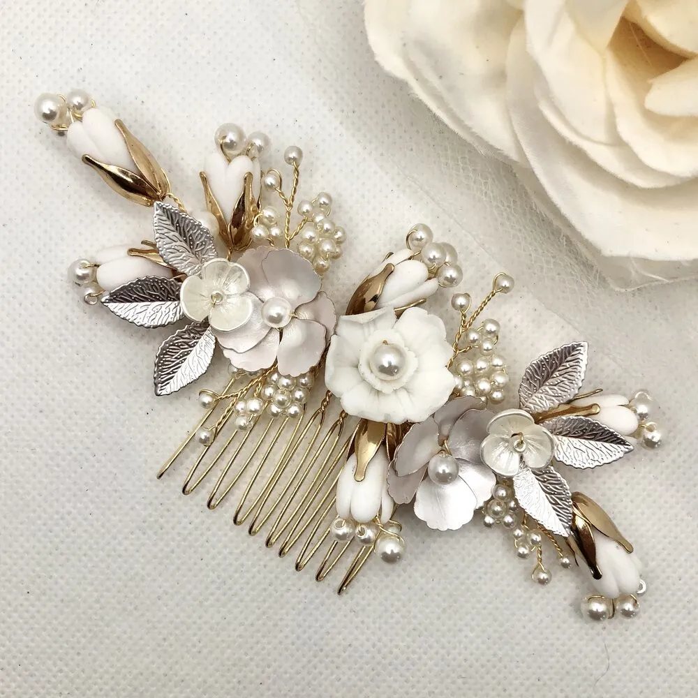 Judith - Pearl and Ceramic Flowers Bridal Hair Comb - Available in Silver, Gold and Rose Gold