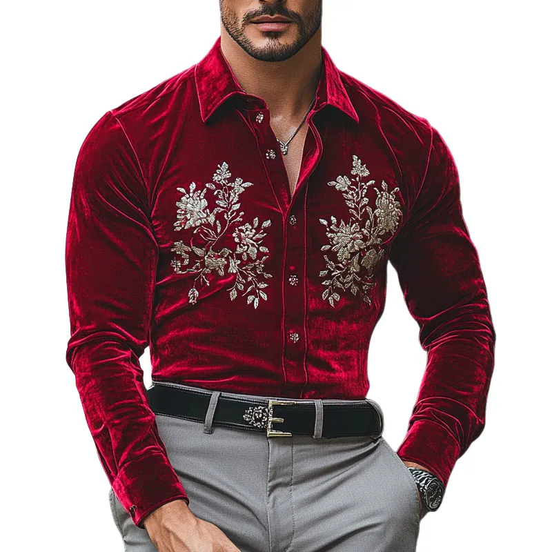 Men's Fashion Embroidery Lapel Long Sleeve Velvet Shirt 78040370Z