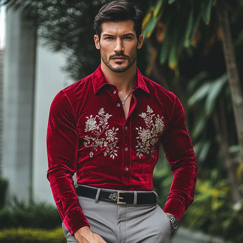 Men's Fashion Embroidery Lapel Long Sleeve Velvet Shirt 78040370Z