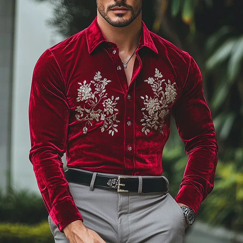 Men's Fashion Embroidery Lapel Long Sleeve Velvet Shirt 78040370Z