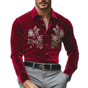 Men's Fashion Embroidery Lapel Long Sleeve Velvet Shirt 78040370Z