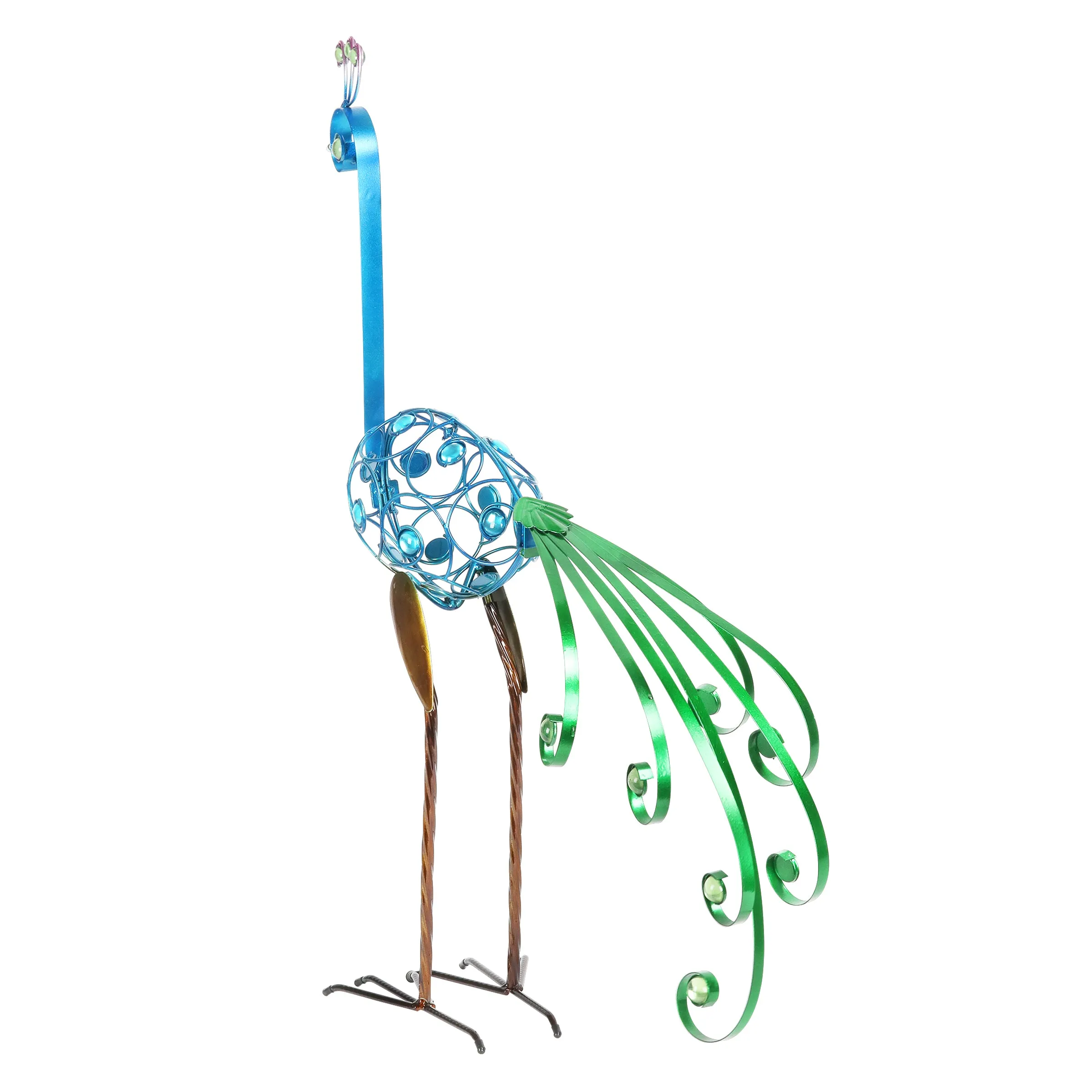 Metal Filigree Blue Bird with Green Tail Garden Statue, 28 Inch