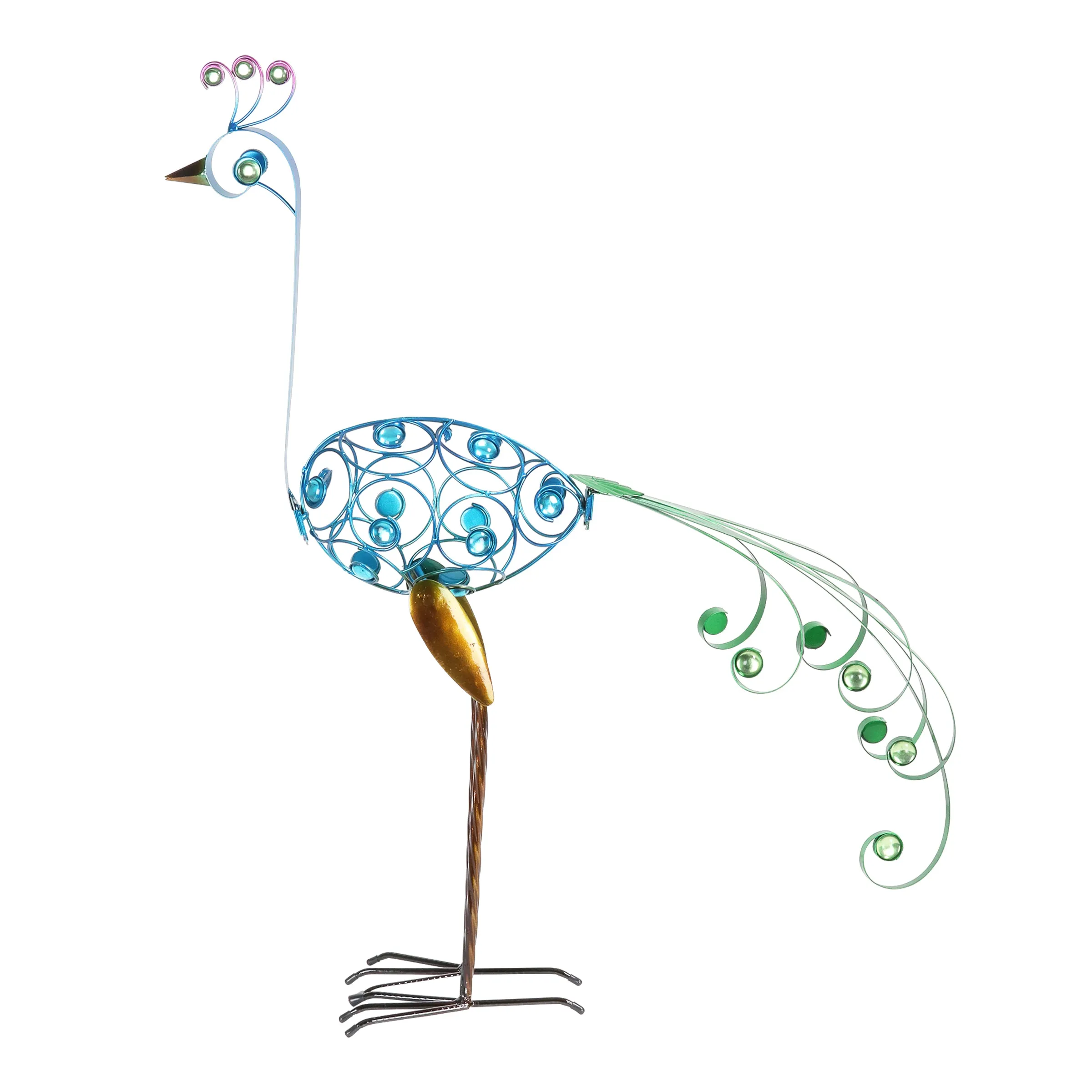 Metal Filigree Blue Bird with Green Tail Garden Statue, 28 Inch