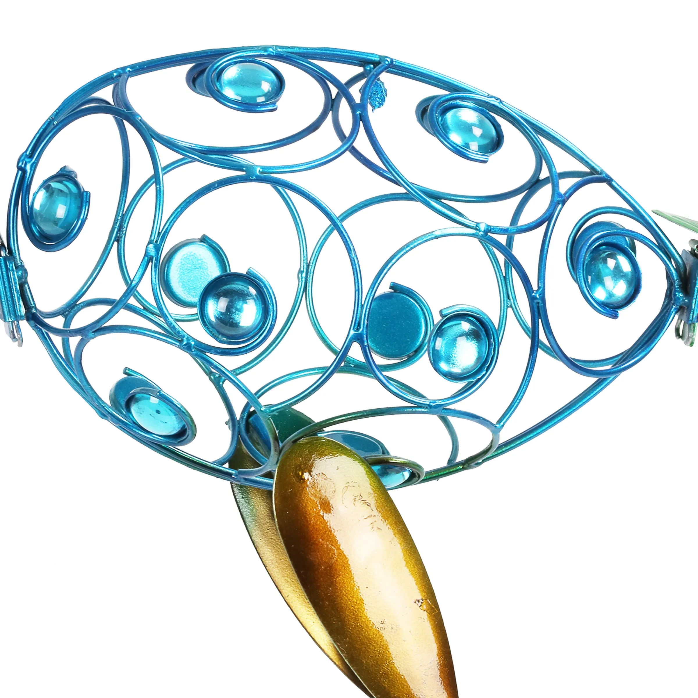 Metal Filigree Blue Bird with Green Tail Garden Statue, 28 Inch
