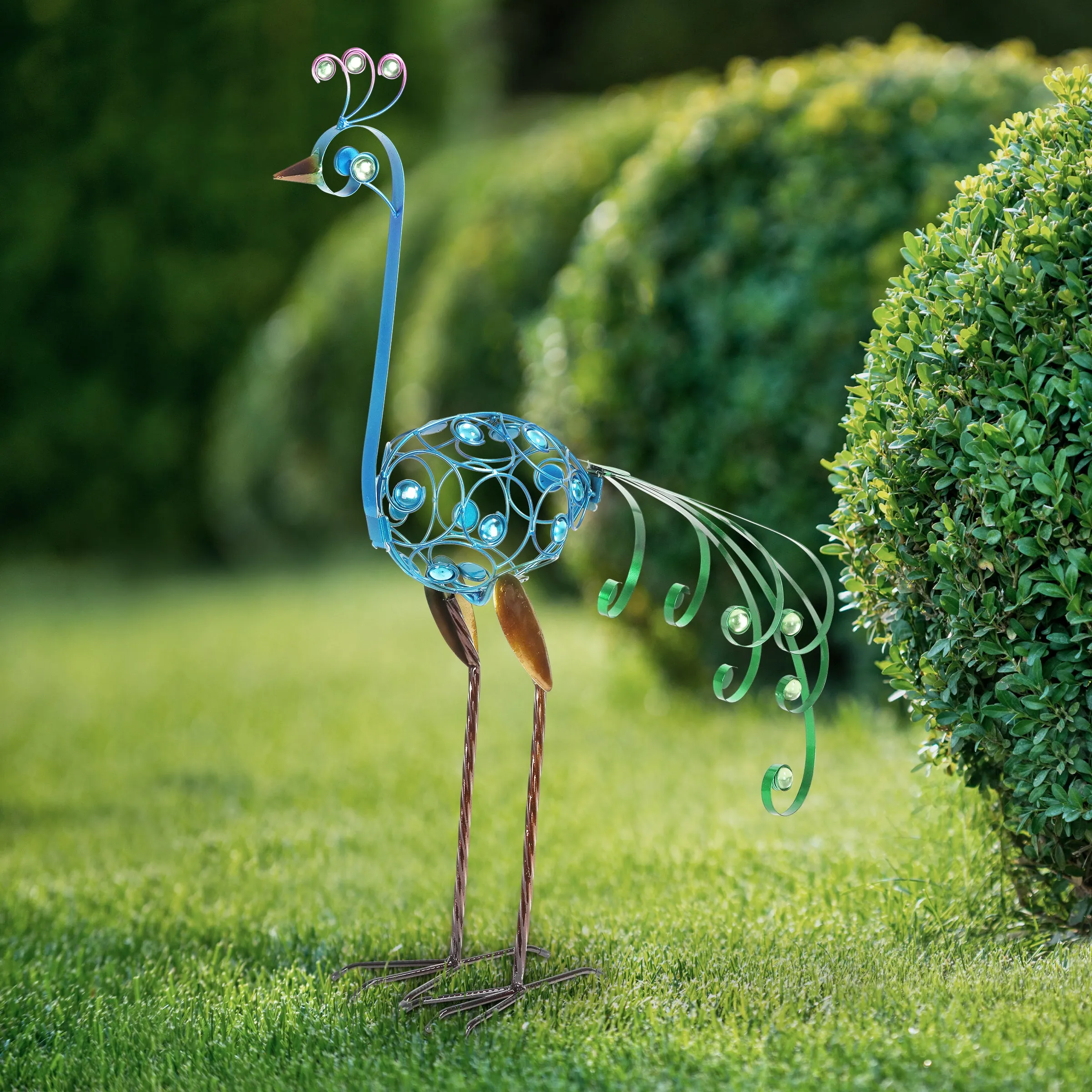 Metal Filigree Blue Bird with Green Tail Garden Statue, 28 Inch