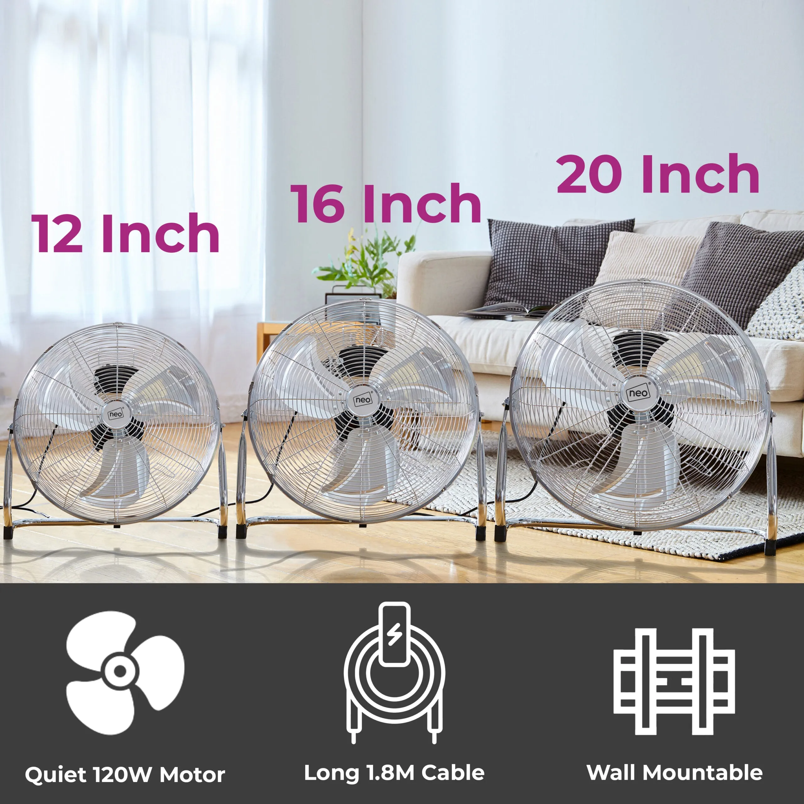 Neo High Velocity Chrome Metal Floor Freestanding Fan  - 16 Inch