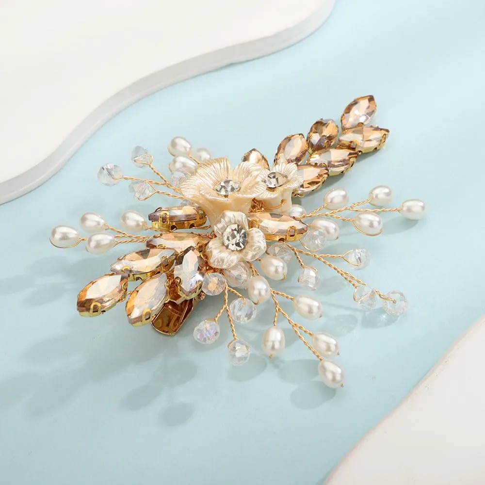 Pearl and Flower Gold Champagne Hair Clip for Wedding Brides Bridesmaid Flower Girls Handmade Hair Piece (Champagne)