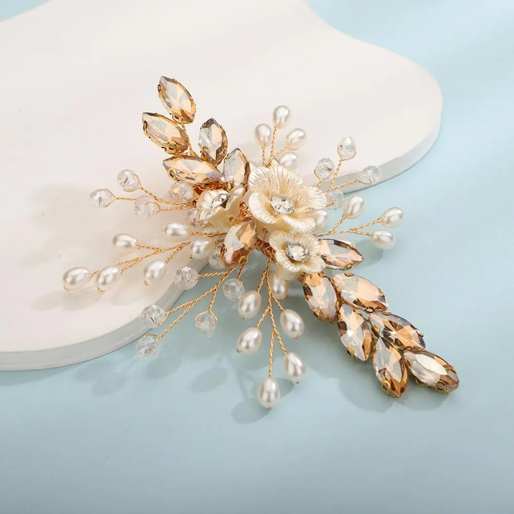 Pearl and Flower Gold Champagne Hair Clip for Wedding Brides Bridesmaid Flower Girls Handmade Hair Piece (Champagne)