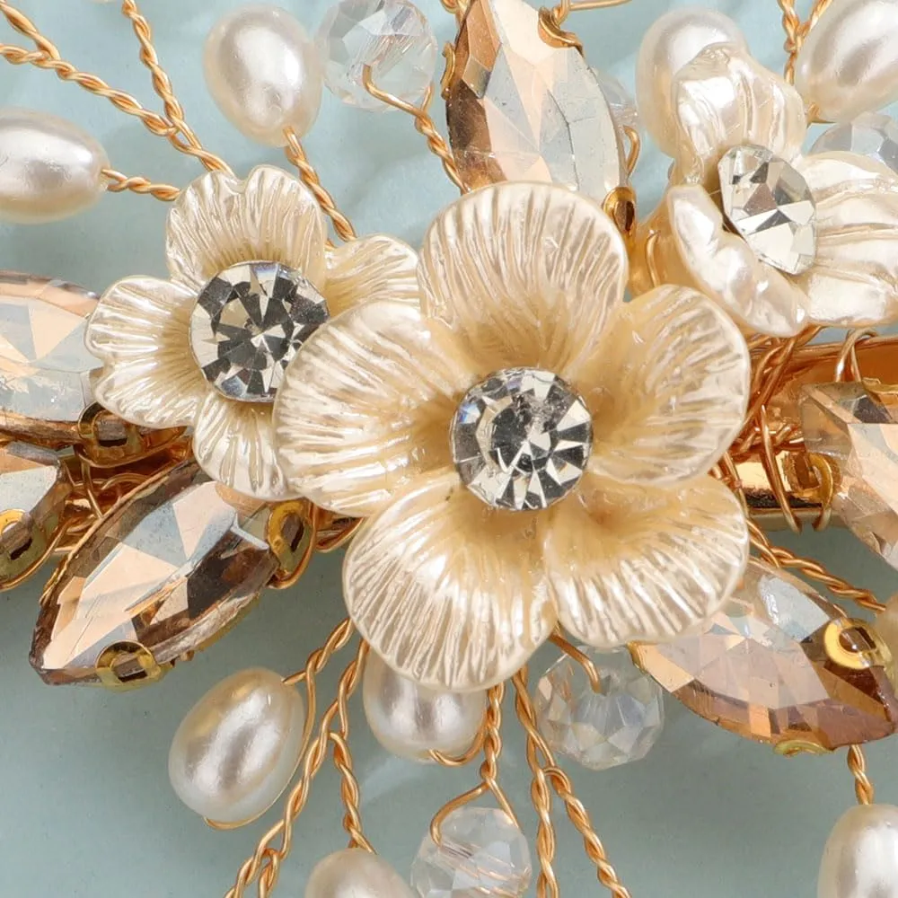Pearl and Flower Gold Champagne Hair Clip for Wedding Brides Bridesmaid Flower Girls Handmade Hair Piece (Champagne)