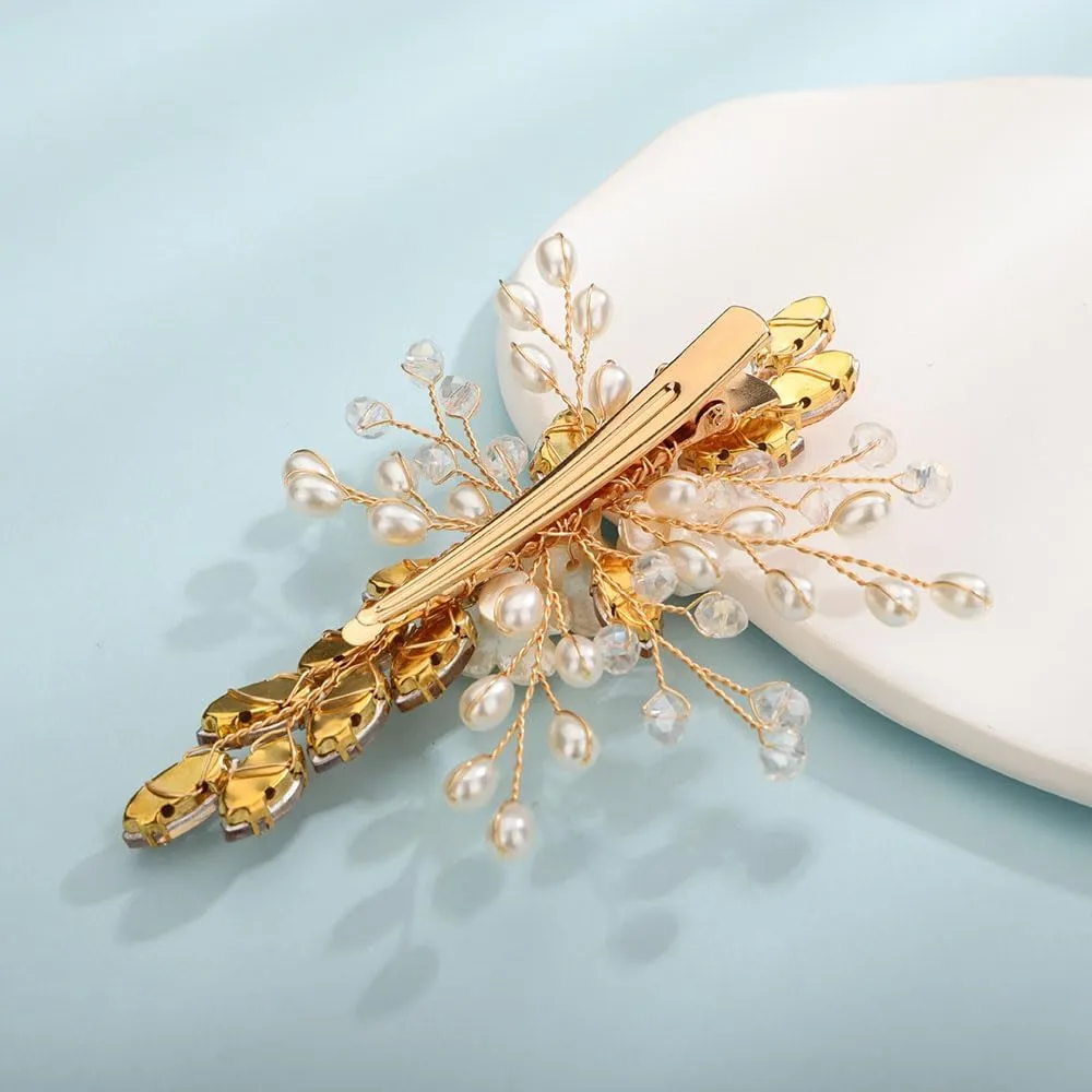 Pearl and Flower Gold Champagne Hair Clip for Wedding Brides Bridesmaid Flower Girls Handmade Hair Piece (Champagne)