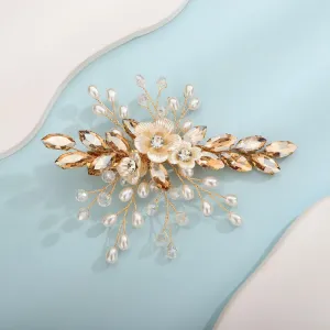 Pearl and Flower Gold Champagne Hair Clip for Wedding Brides Bridesmaid Flower Girls Handmade Hair Piece (Champagne)
