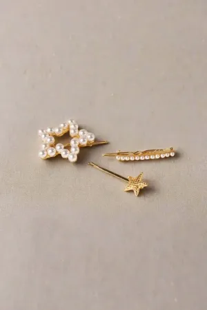 Pearl and Gold Star Hair Pin Set - Elegant Hair Accessories