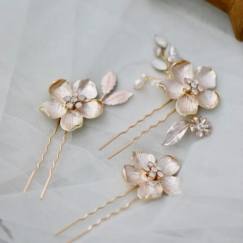 "Yara" -  Gold Opal Bridal Hair Pin Set