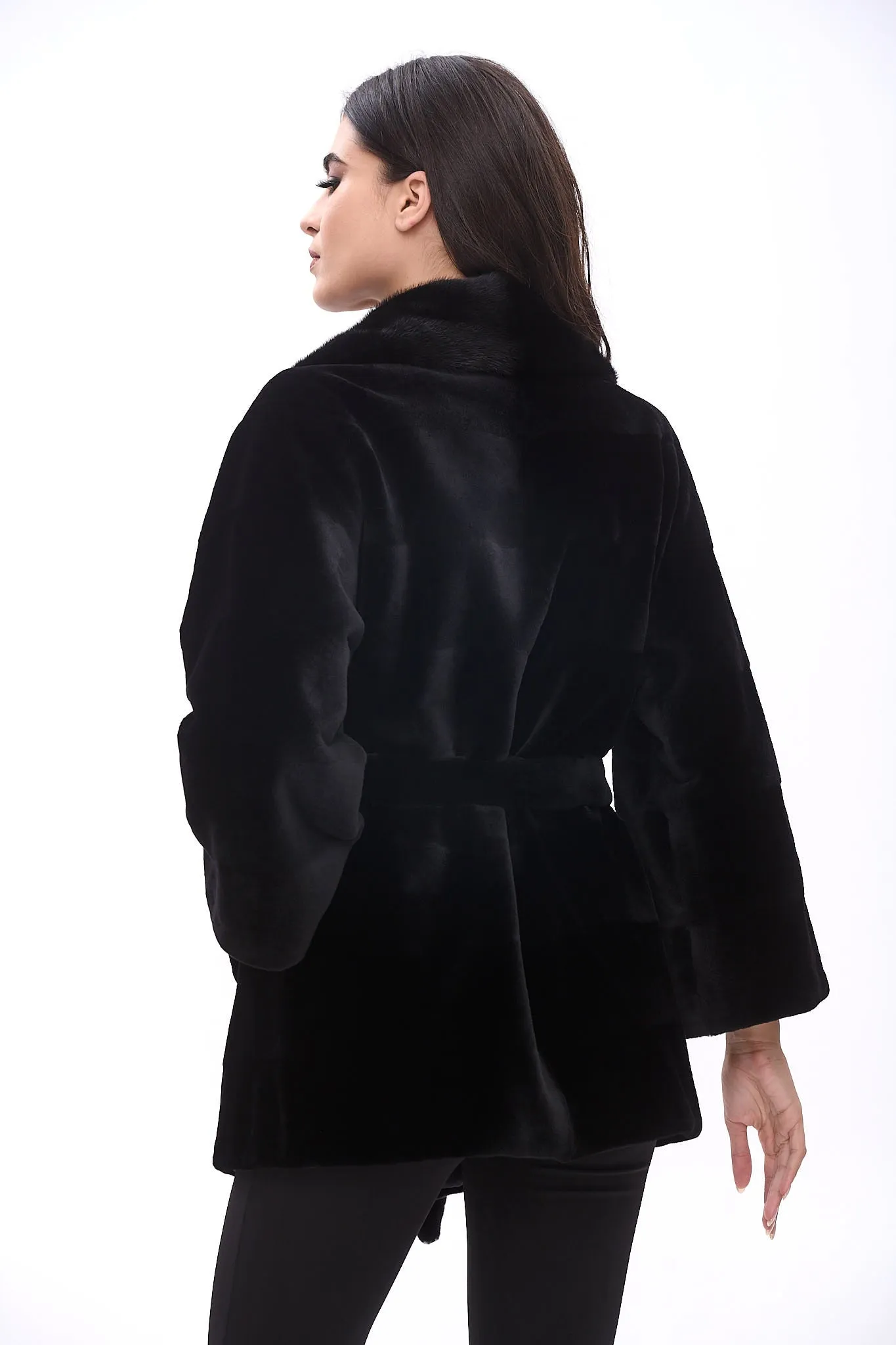 Sheared mink jacket with belt