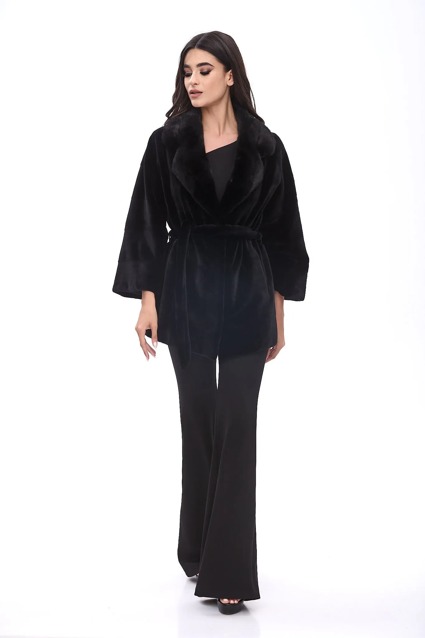 Sheared mink jacket with belt