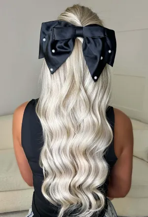 Silk Dreams Black Pearl Embellished Satin Bow Hair Clip