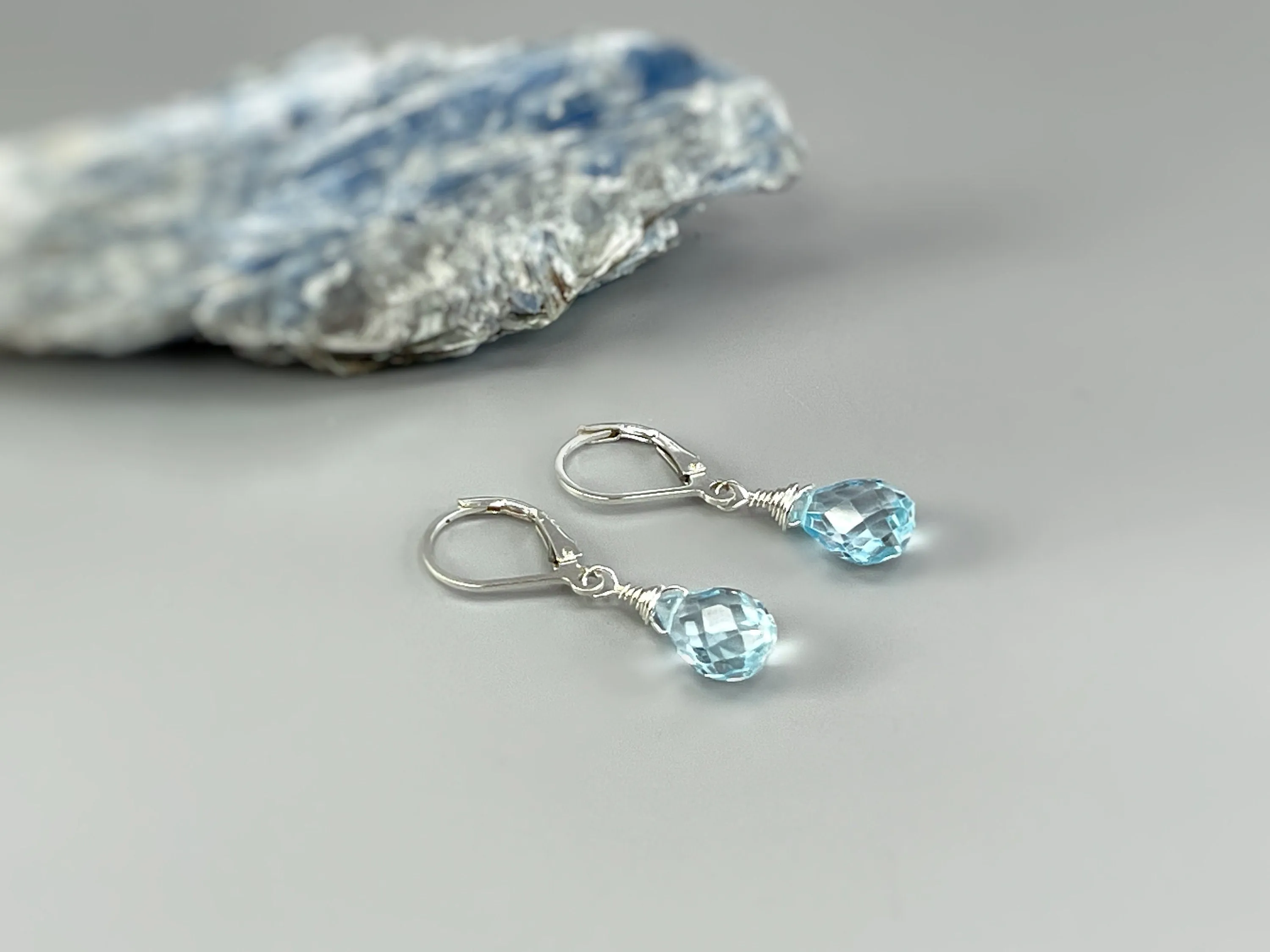 Swiss Blue Topaz earrings Dangle 14k Solid Gold, Silver Rose Gold
