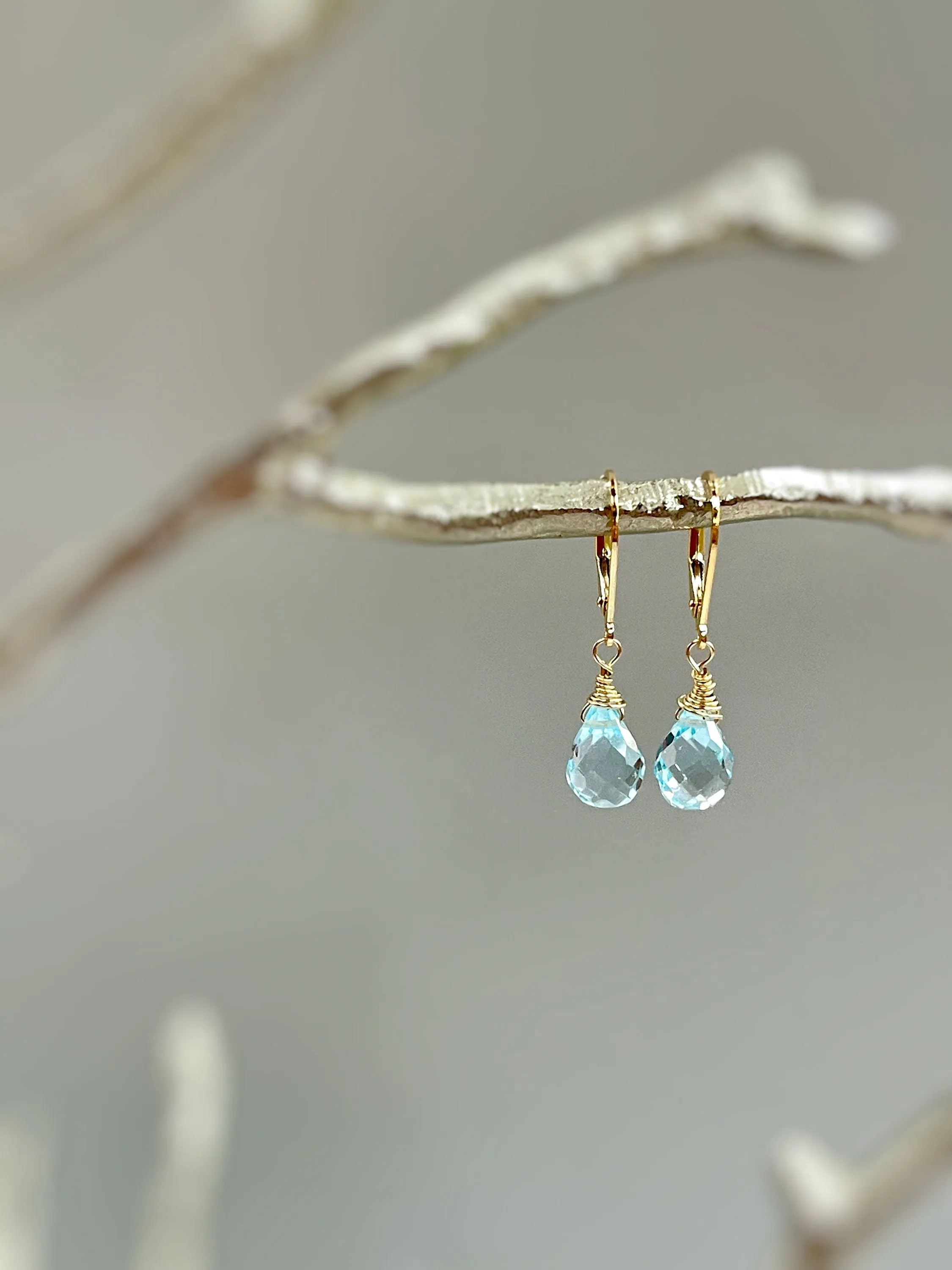 Swiss Blue Topaz earrings Dangle 14k Solid Gold, Silver Rose Gold