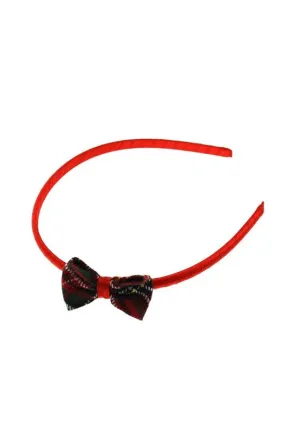Tartan Bow on Thin Red Satin Aliceband