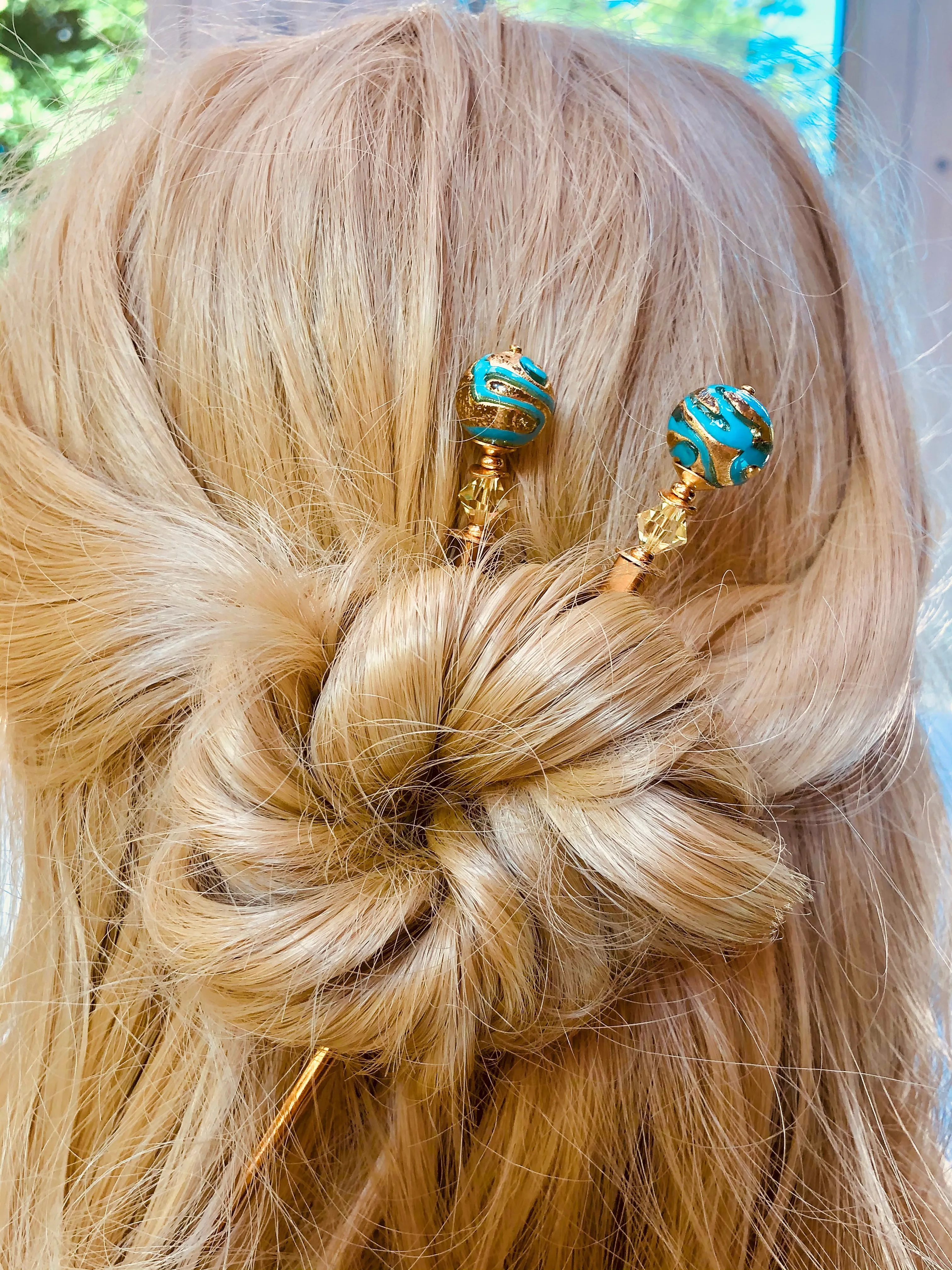 Teal Swirl 24k gold hair stick, Venetian Art Glass hair stick, shawl pin