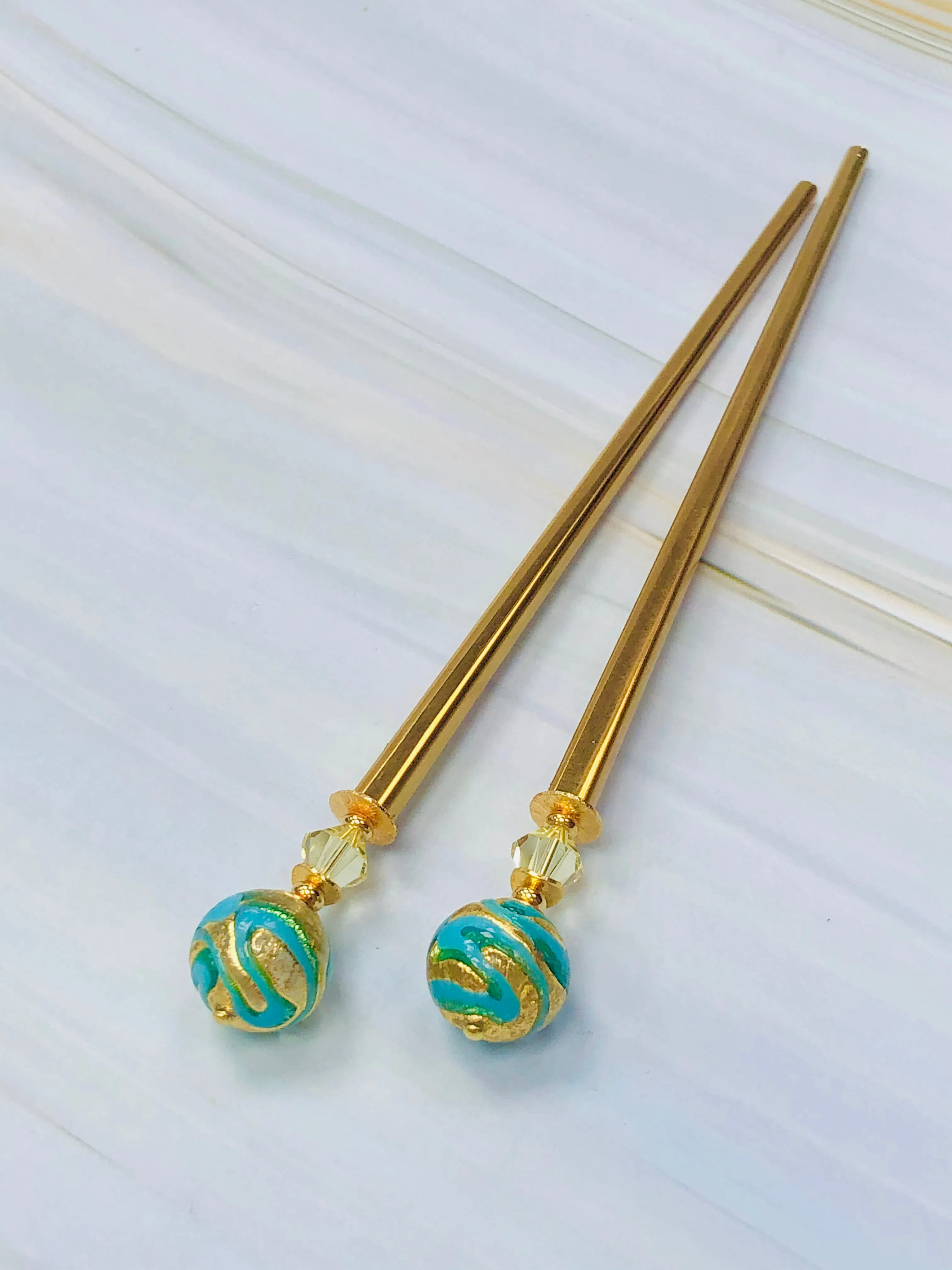 Teal Swirl 24k gold hair stick, Venetian Art Glass hair stick, shawl pin
