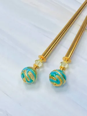 Teal Swirl 24k gold hair stick, Venetian Art Glass hair stick, shawl pin