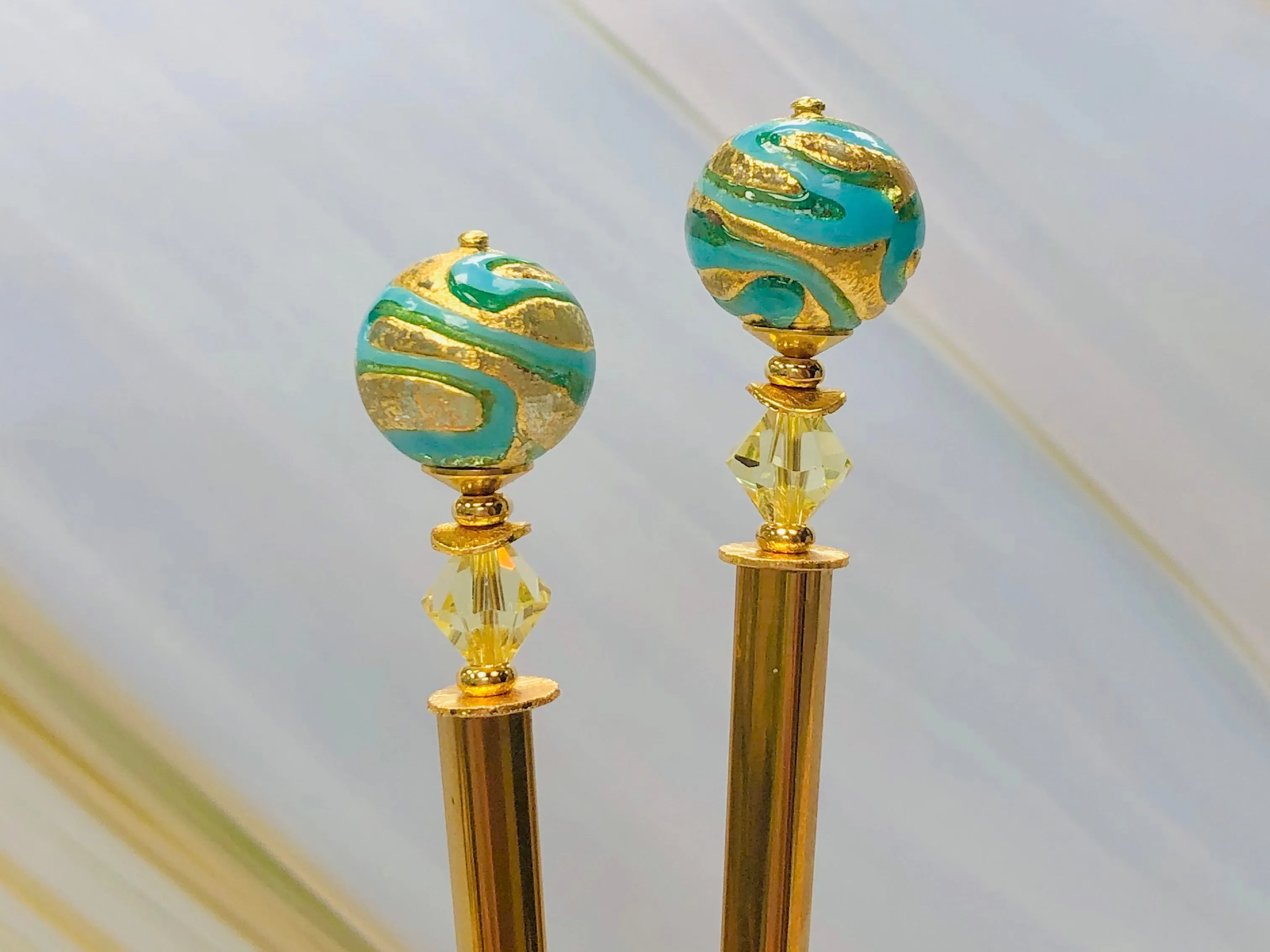 Teal Swirl 24k gold hair stick, Venetian Art Glass hair stick, shawl pin