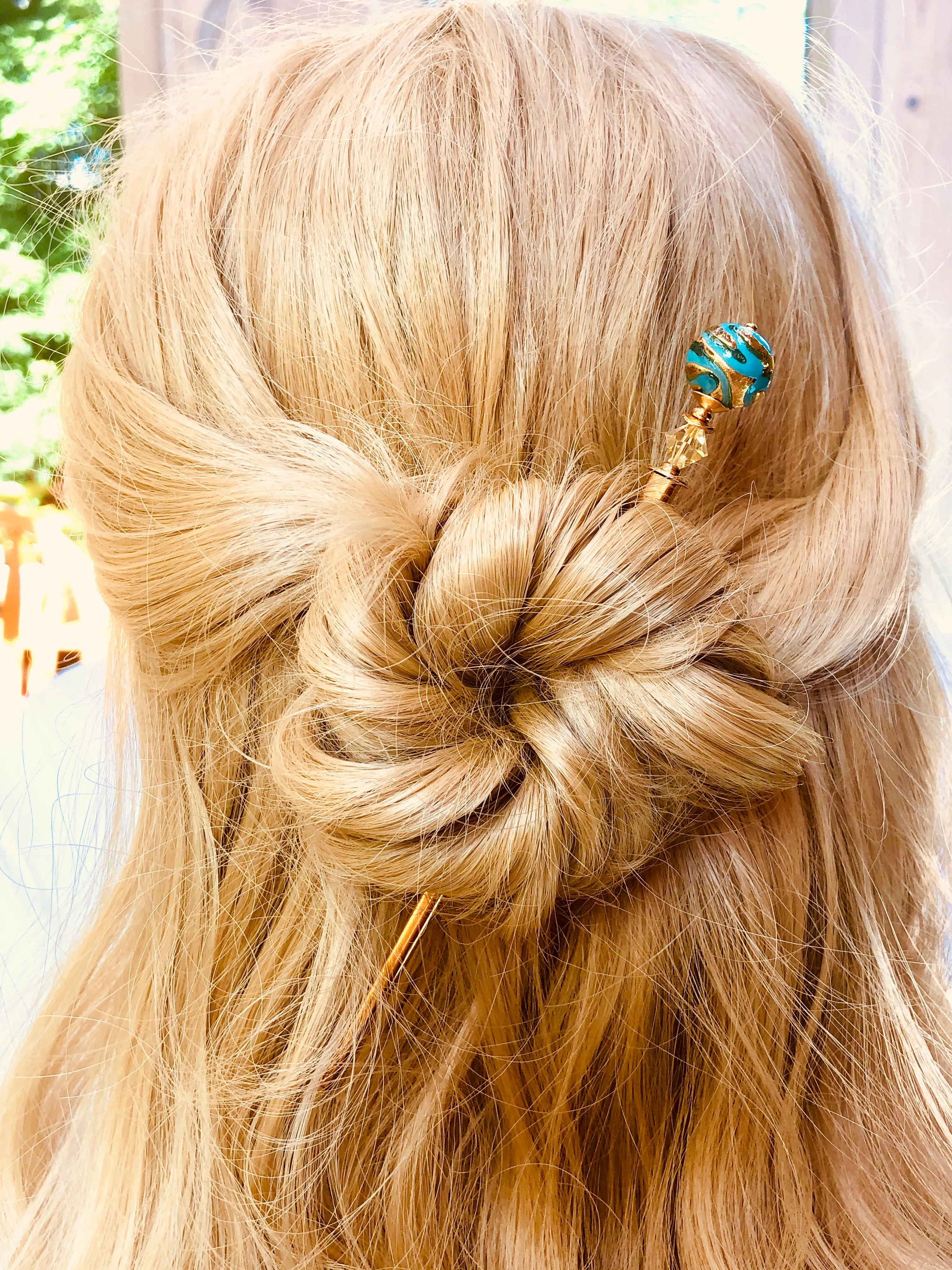 Teal Swirl 24k gold hair stick, Venetian Art Glass hair stick, shawl pin