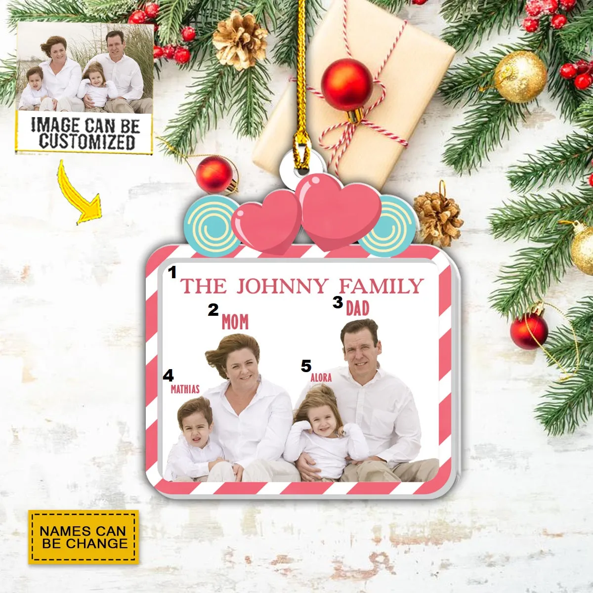 Teesdily | Customized Photo Name Family Members Christmas Ornament Mom Dad Children Ornament Holiday Gift Idea Family Keepsake Custom Photo Ornament
