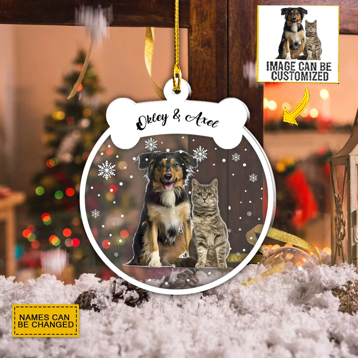 Teesdily | Pet Personalized Car Ornament With Photo Pet Bone Christmas Car Hanging Ornament Christmas Gift For Pet Owner Dog Lovers