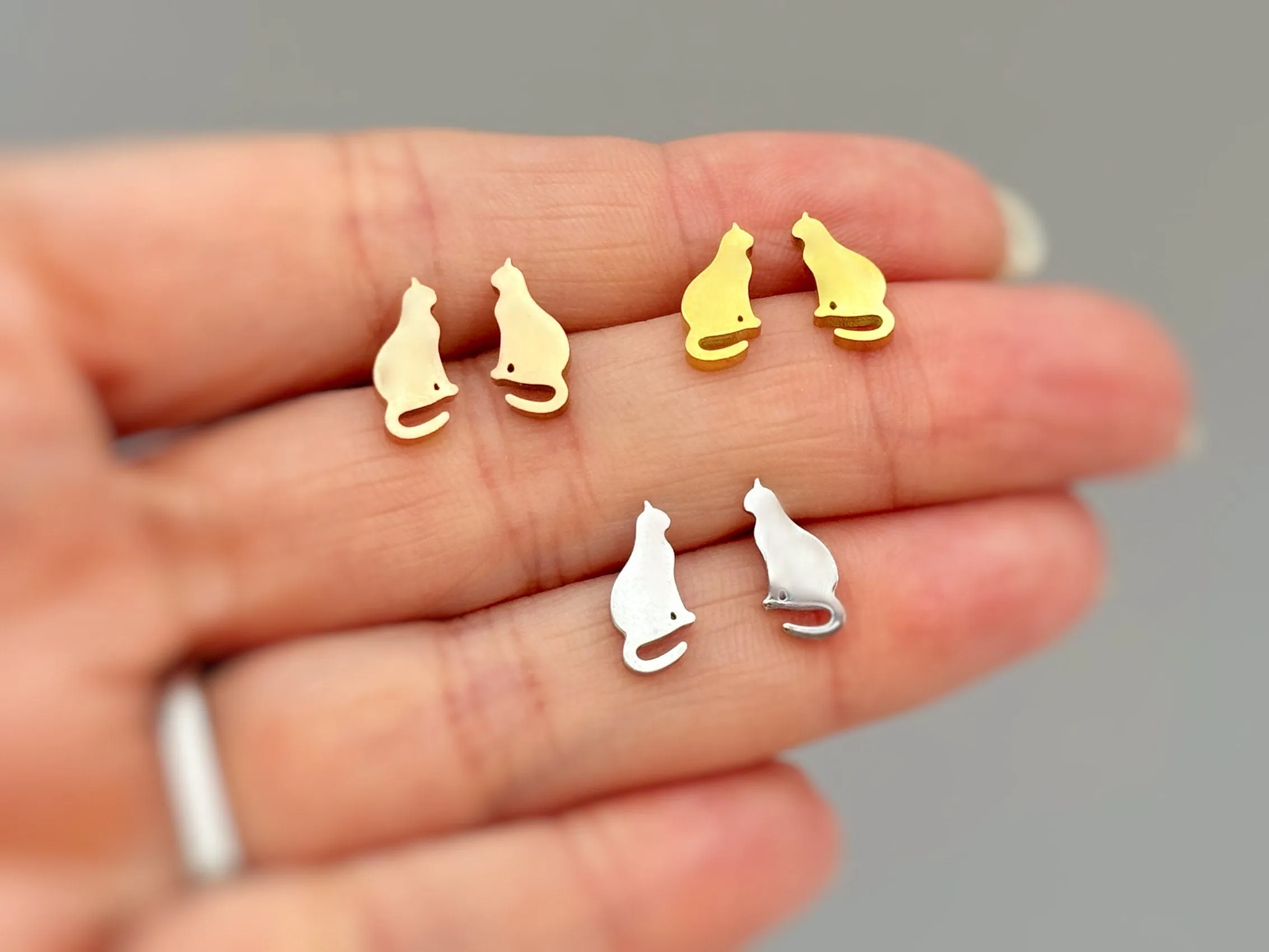 Tiny Cat Earrings dainty studs in gold, silver, rose gold