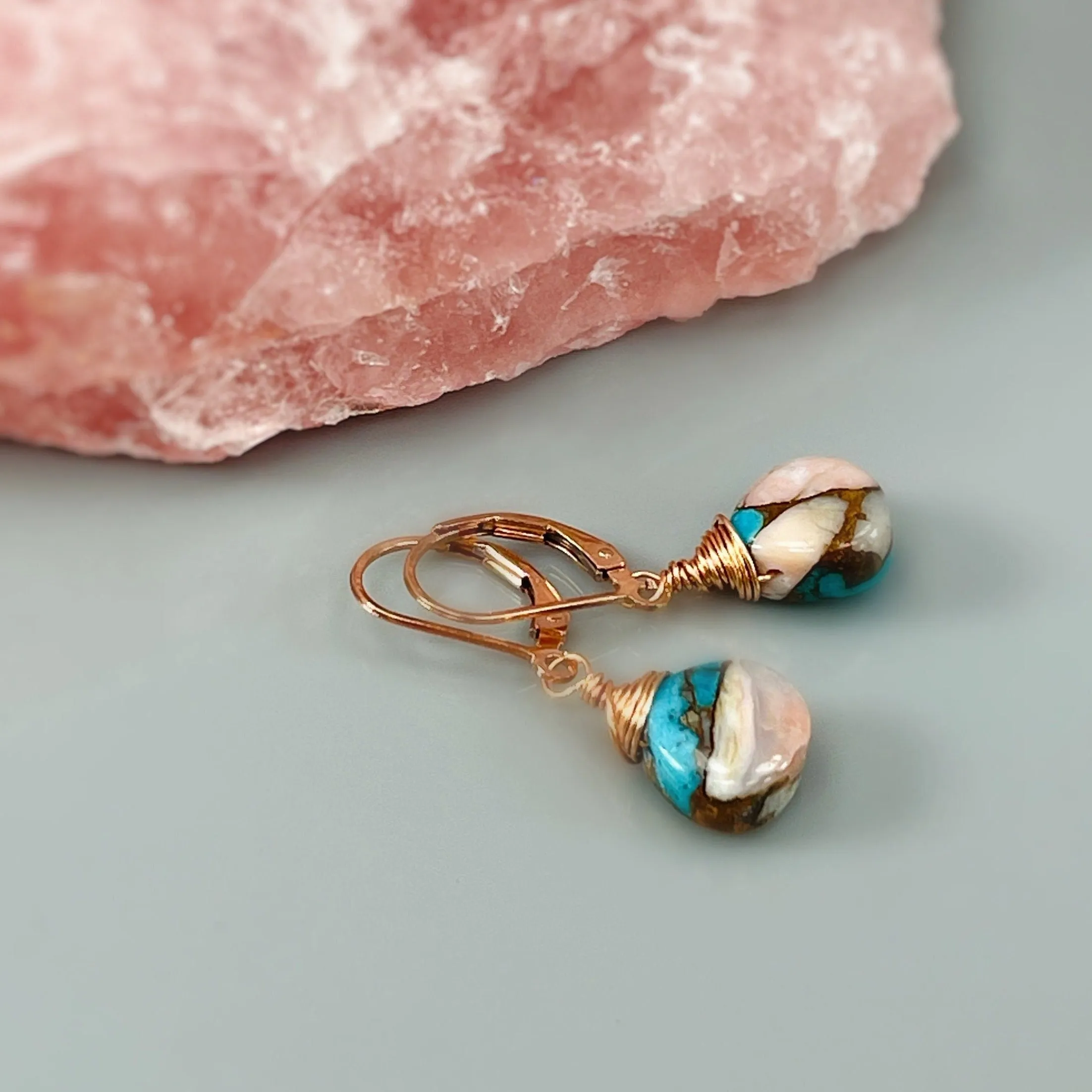Turquoise Gemstone Earrings Rose Gold Pink Opal