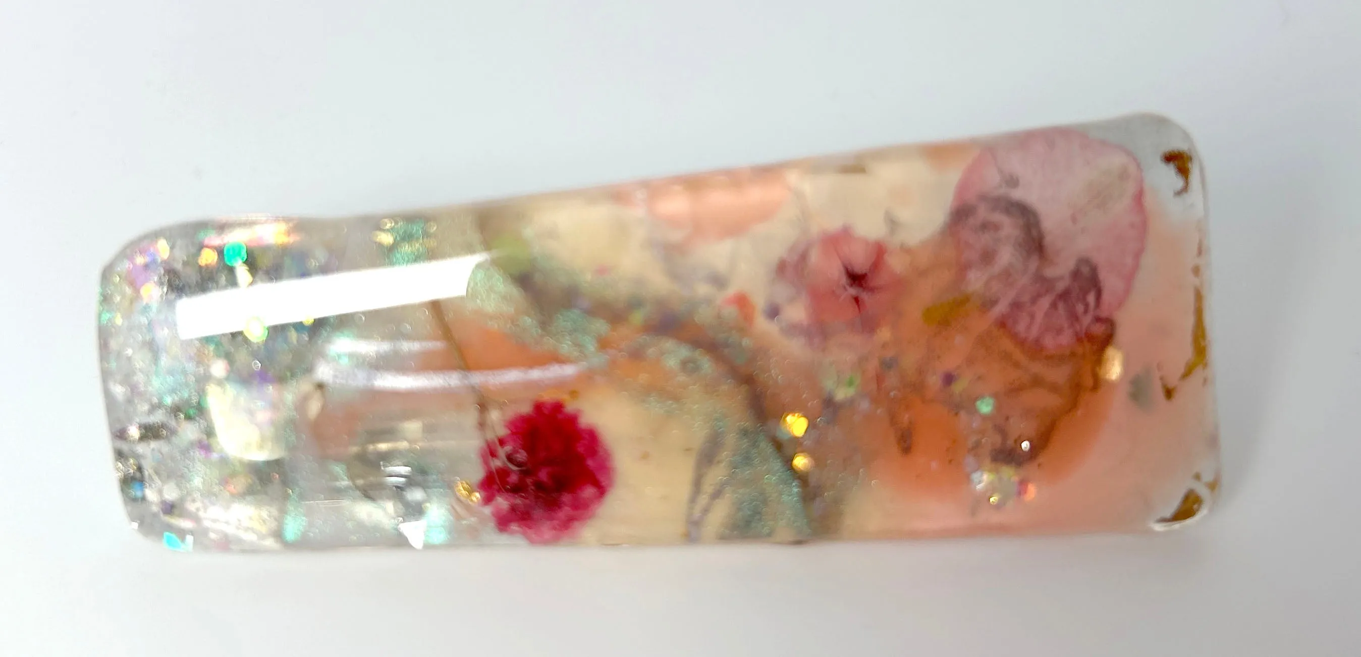 Two UV Resin Hair Barrettes, Handcrafted Iridescent  base color pink 1 alligator 1 French clasp. Unique, Multilayered Design with Shimmering Hues"