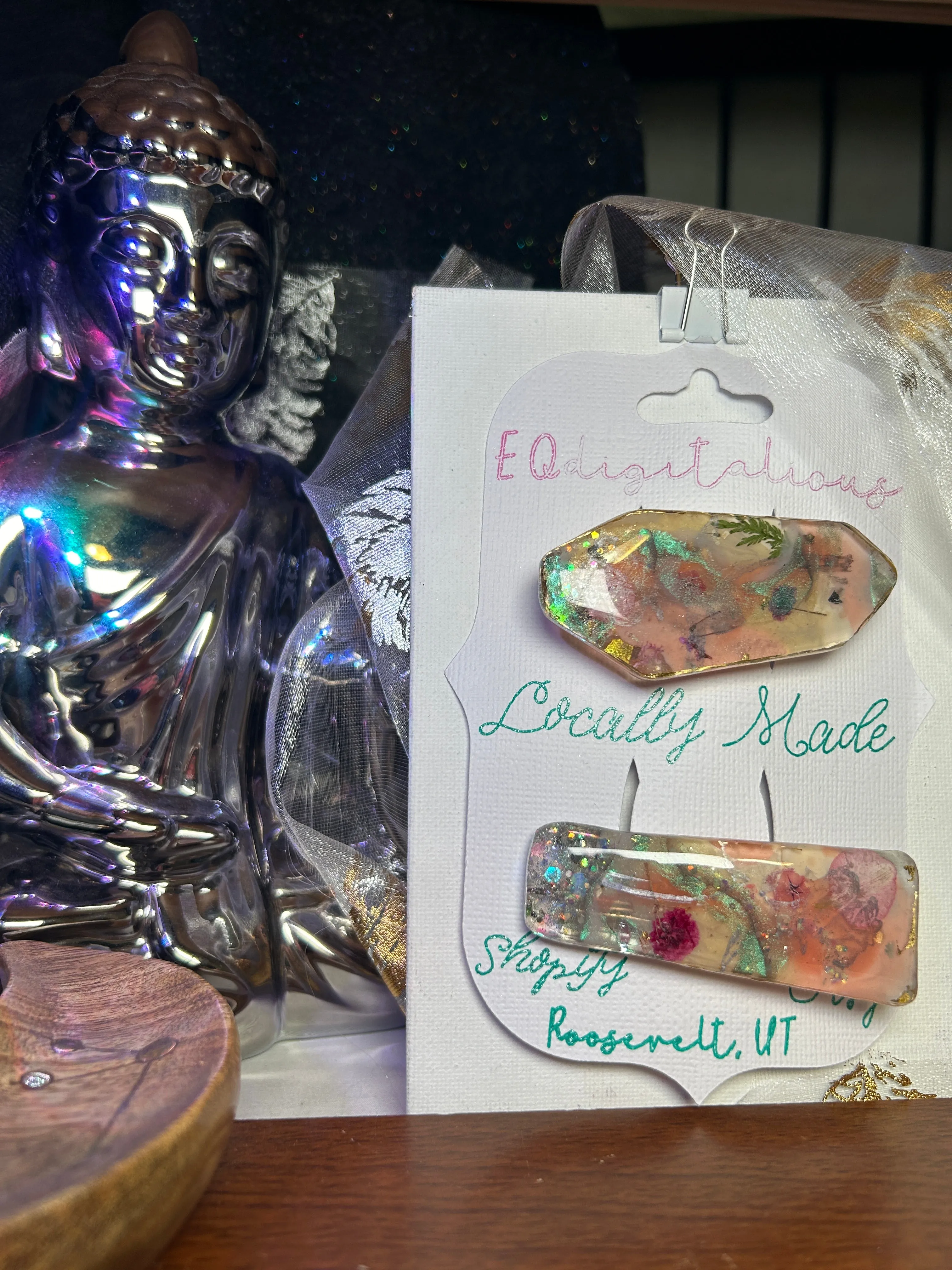 Two UV Resin Hair Barrettes, Handcrafted Iridescent  base color pink 1 alligator 1 French clasp. Unique, Multilayered Design with Shimmering Hues"