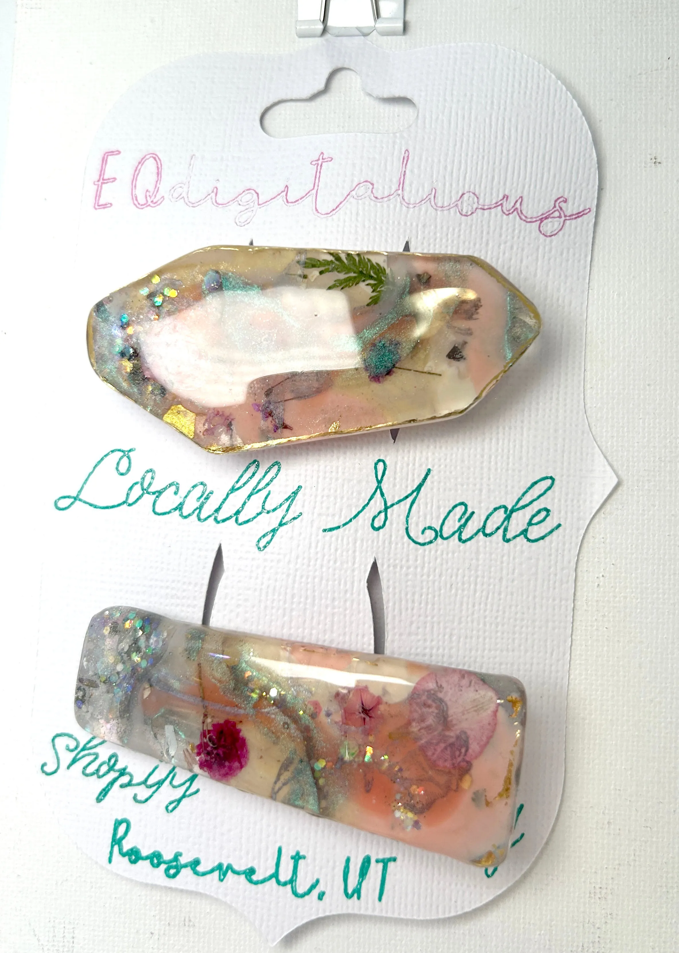 Two UV Resin Hair Barrettes, Handcrafted Iridescent  base color pink 1 alligator 1 French clasp. Unique, Multilayered Design with Shimmering Hues"